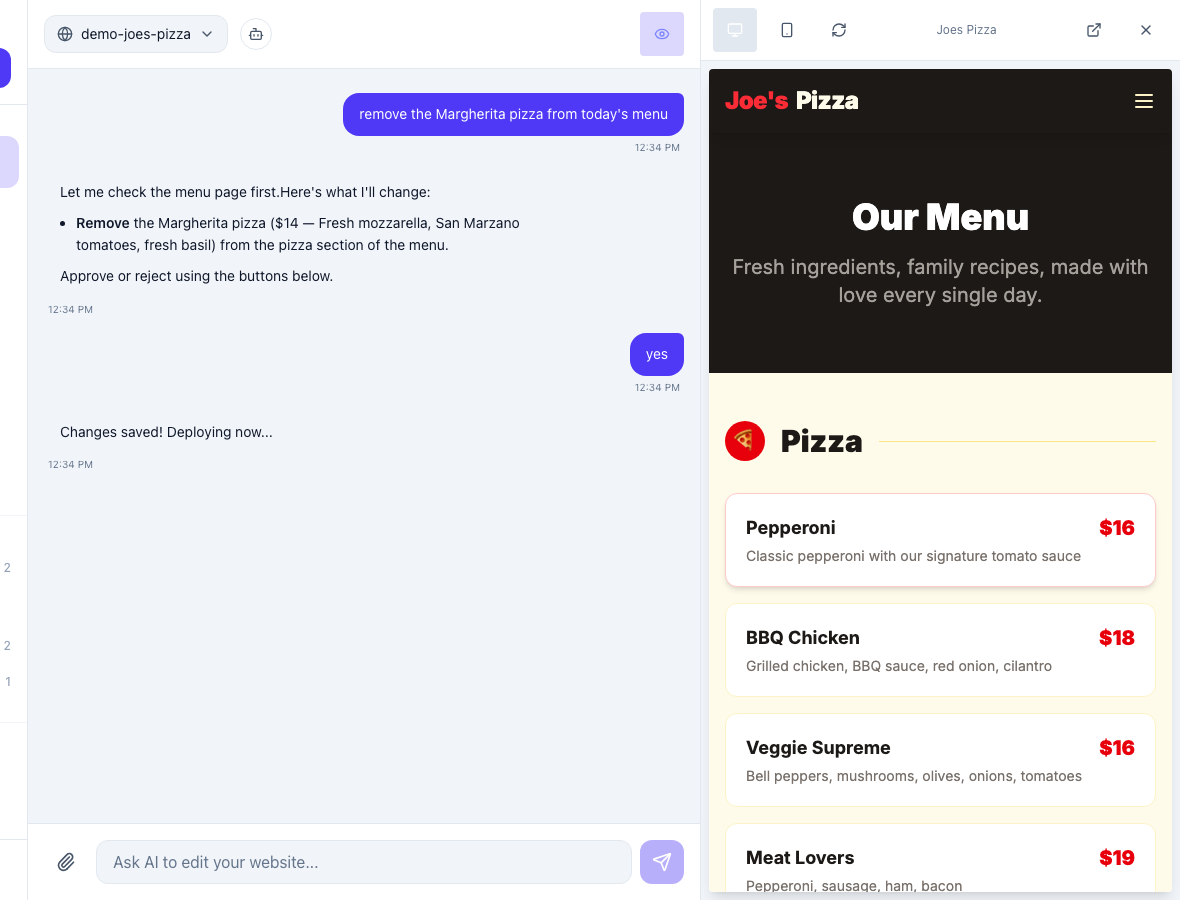 Chat editor on Joe's Pizza showing a menu update request, with the live menu page on the right reflecting the change.
