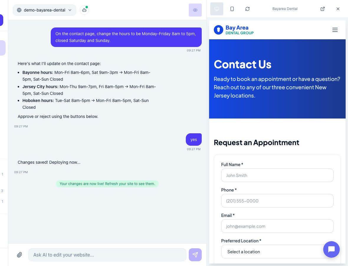 Chat editor updating weekday hours on the contact page of a dental practice, with the live Contact page visible in the preview pane on the right.
