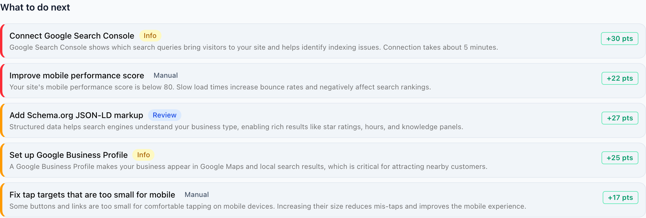 The "What to do next" list under AI Insights — each recommendation labelled with its type and the score boost it would add