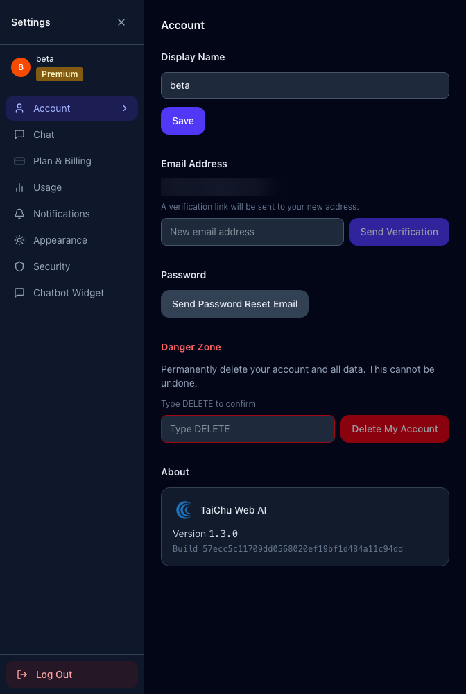 Settings Account tab showing Display name, Change email, Reset password, and the Danger zone